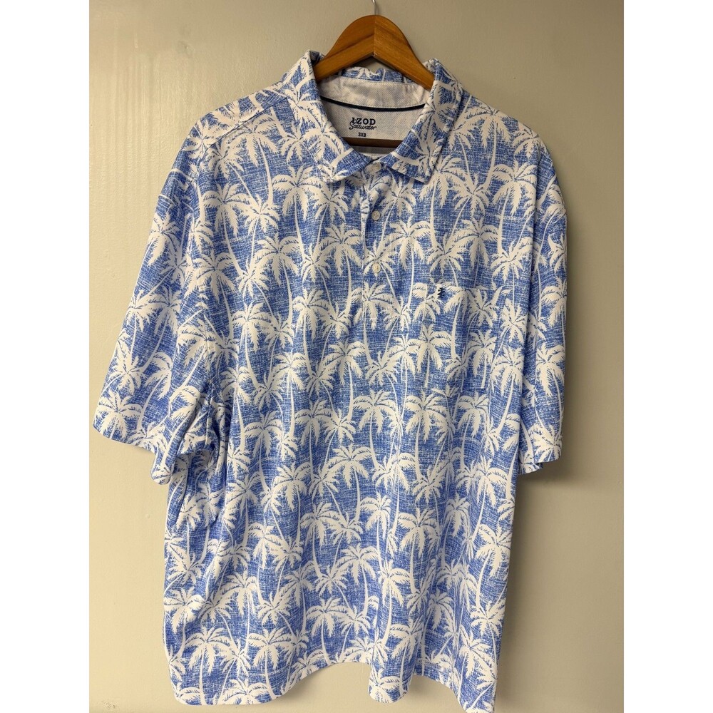 IZOD Saltwater Polo Shirt Mens 3XB Blue White Palm Tree Tropical Chest Pocket
